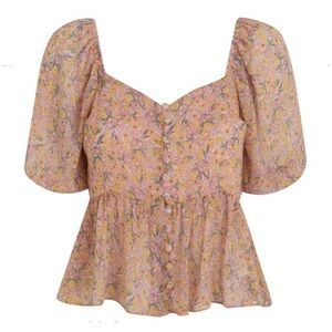 New Look Floral Chiffon Peplum Top Puff Sleeve Sweetheart Neck Boho Blouse S
